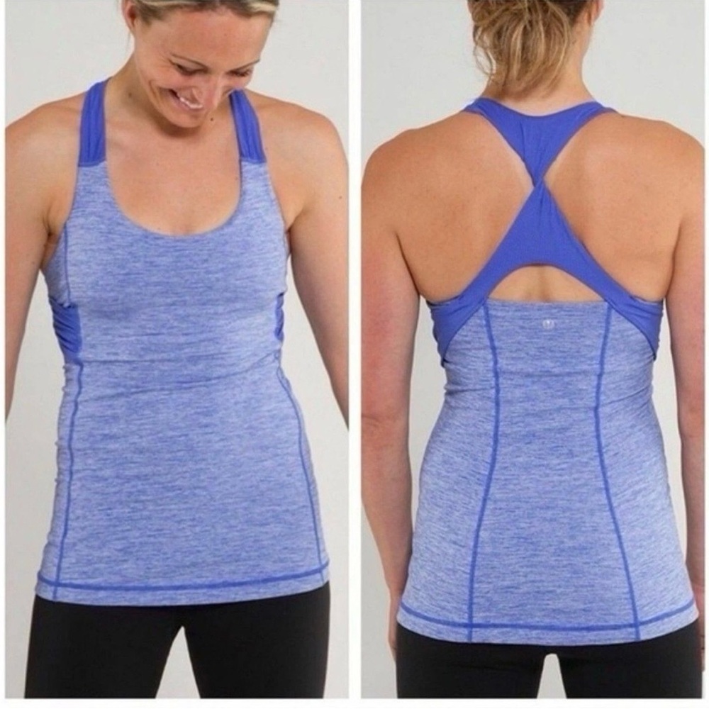 Lululemon Spin Me Tank Size 6 Top Heather Blue Built In Bra Racerback Athletic